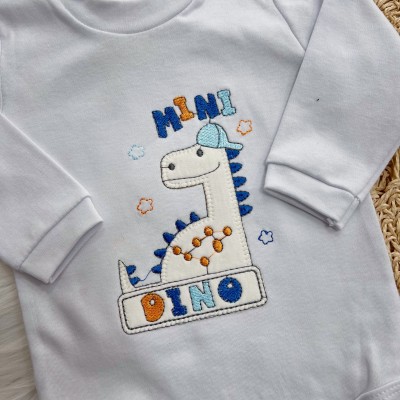 Conj. Body Manga Longa e Calça Saruel em Plush Dino - Off White e Azul Royal